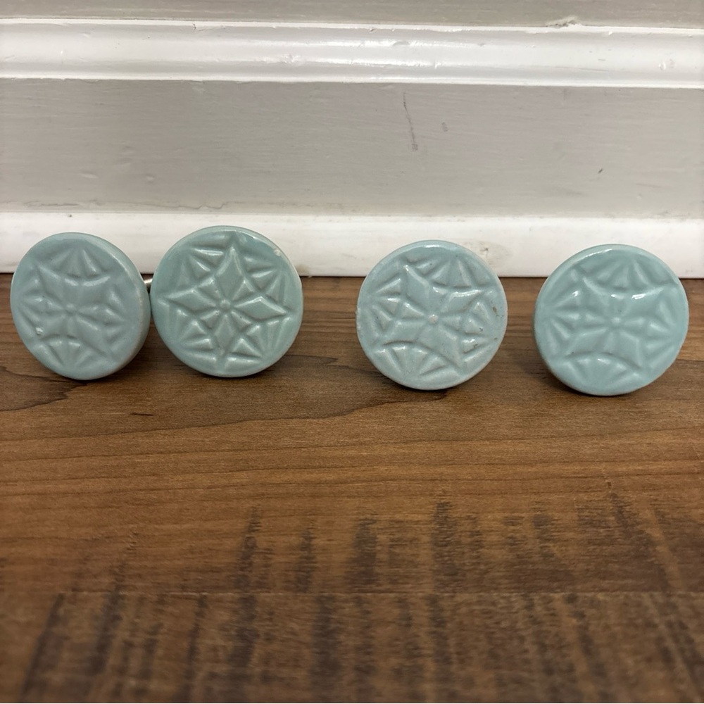 4 Sea Blue Engraved Ceramic Round Crater Knob Artistic Cabinet Hardware Handle